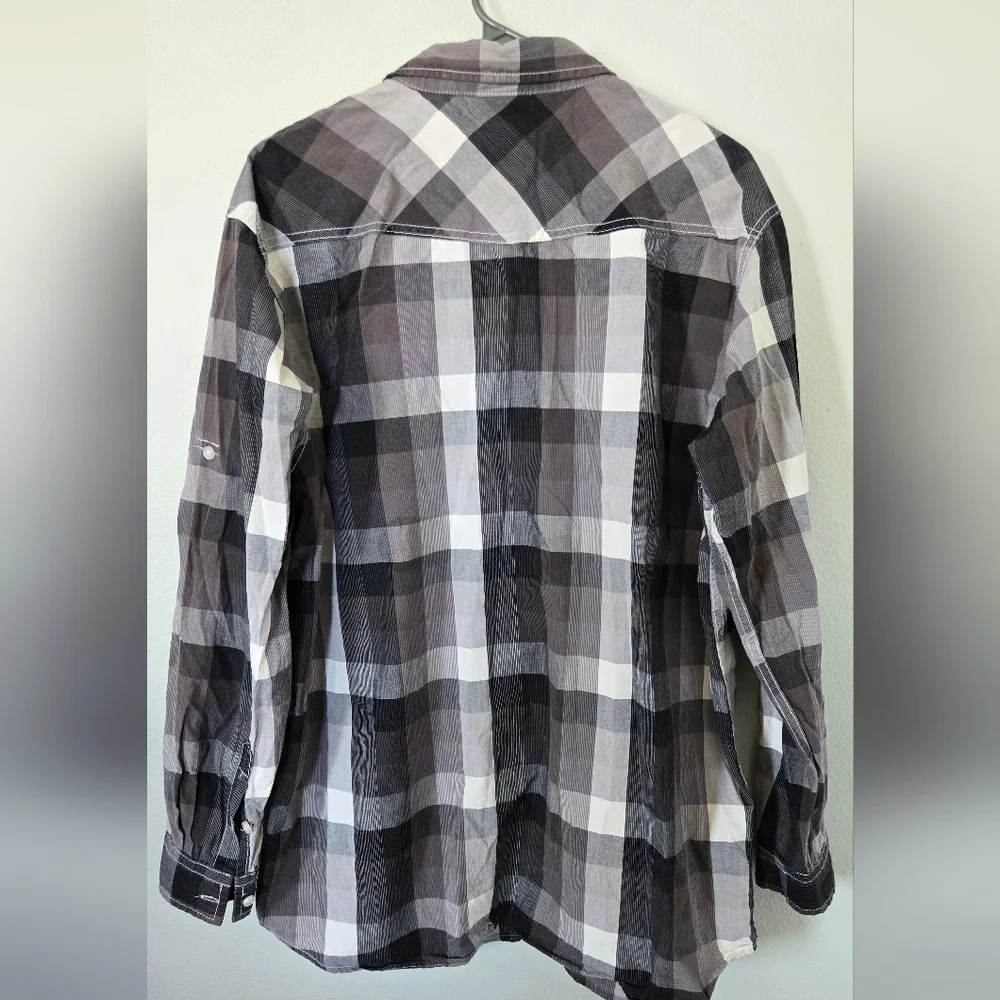 Koman Jeans Gray Plaid Button Down Shirt Size XL 100% Cotton